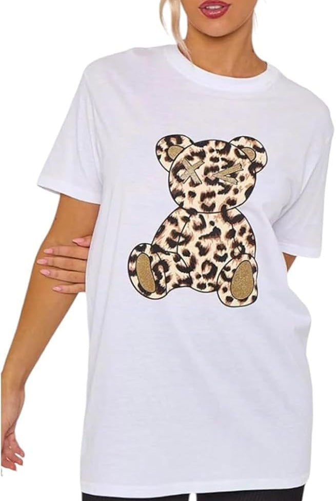 Leopard Teddy Graphic Oversized Baggy T-Shirt Top T-shirts WearAll White 8-10