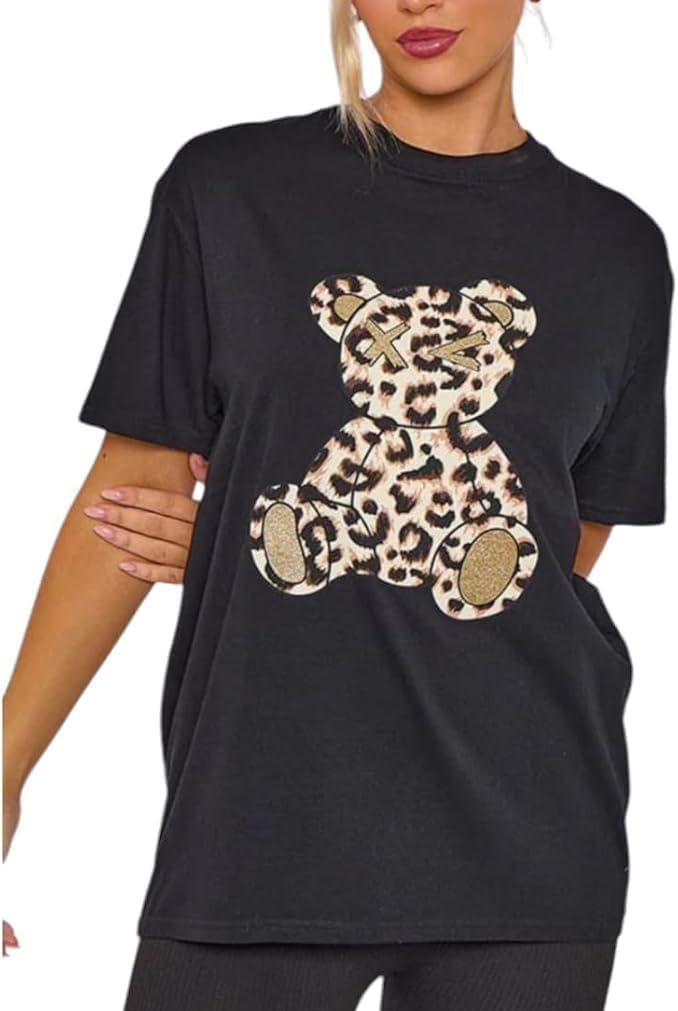 Leopard Teddy Graphic Oversized Baggy T-Shirt Top T-shirts WearAll Black 8-10