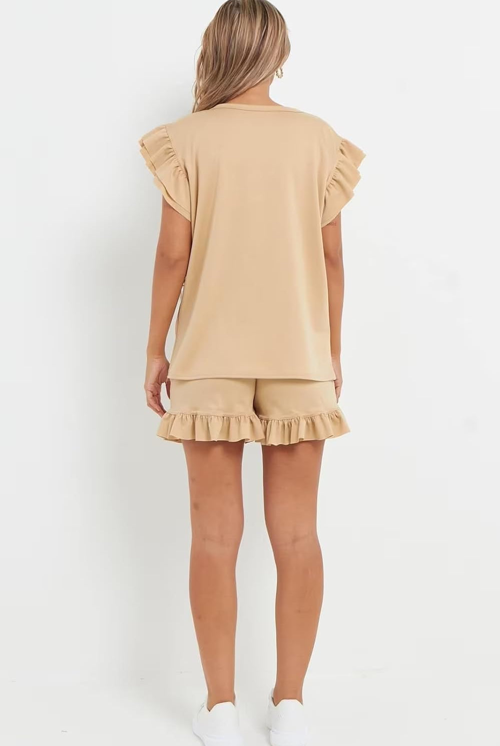 V Neck Frill Sleeved Shorts Lounge Set Co-Ord WearAll