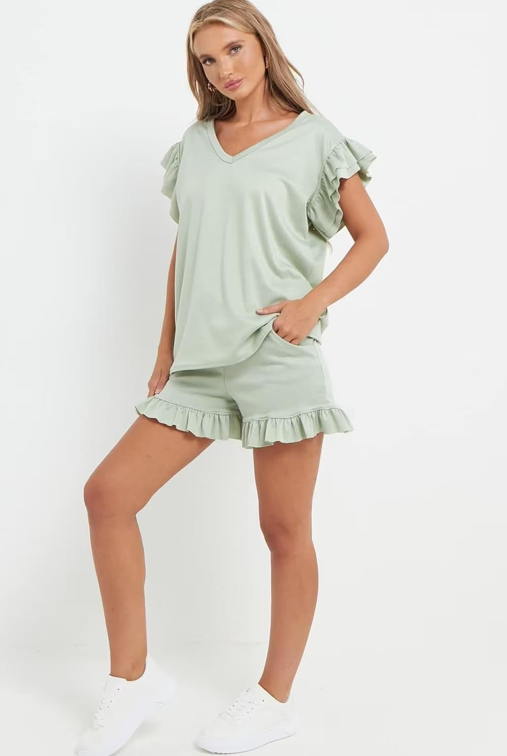 V Neck Frill Sleeved Shorts Lounge Set Co-Ord WearAll