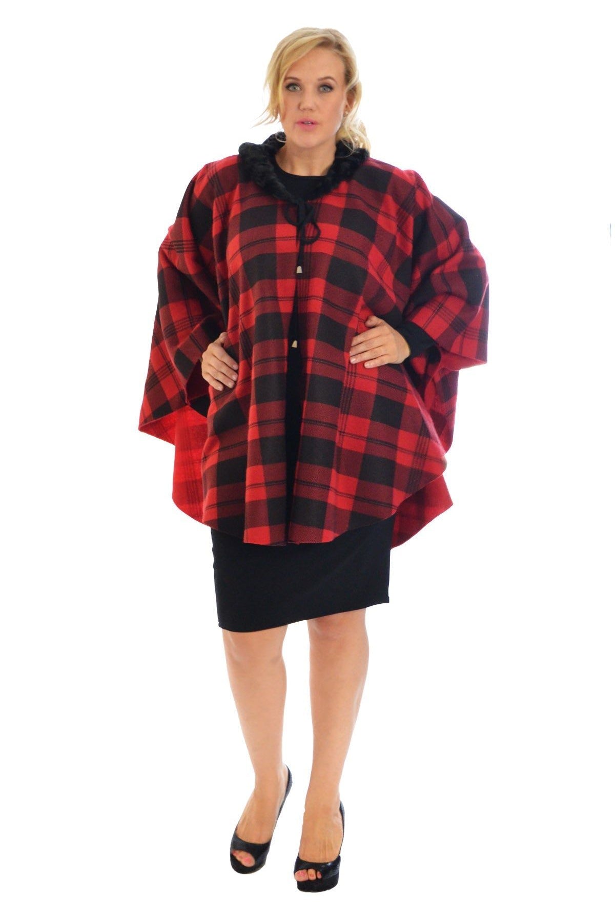 Faux Fur Check Tartan Cape Shawl Poncho Tops WearAll