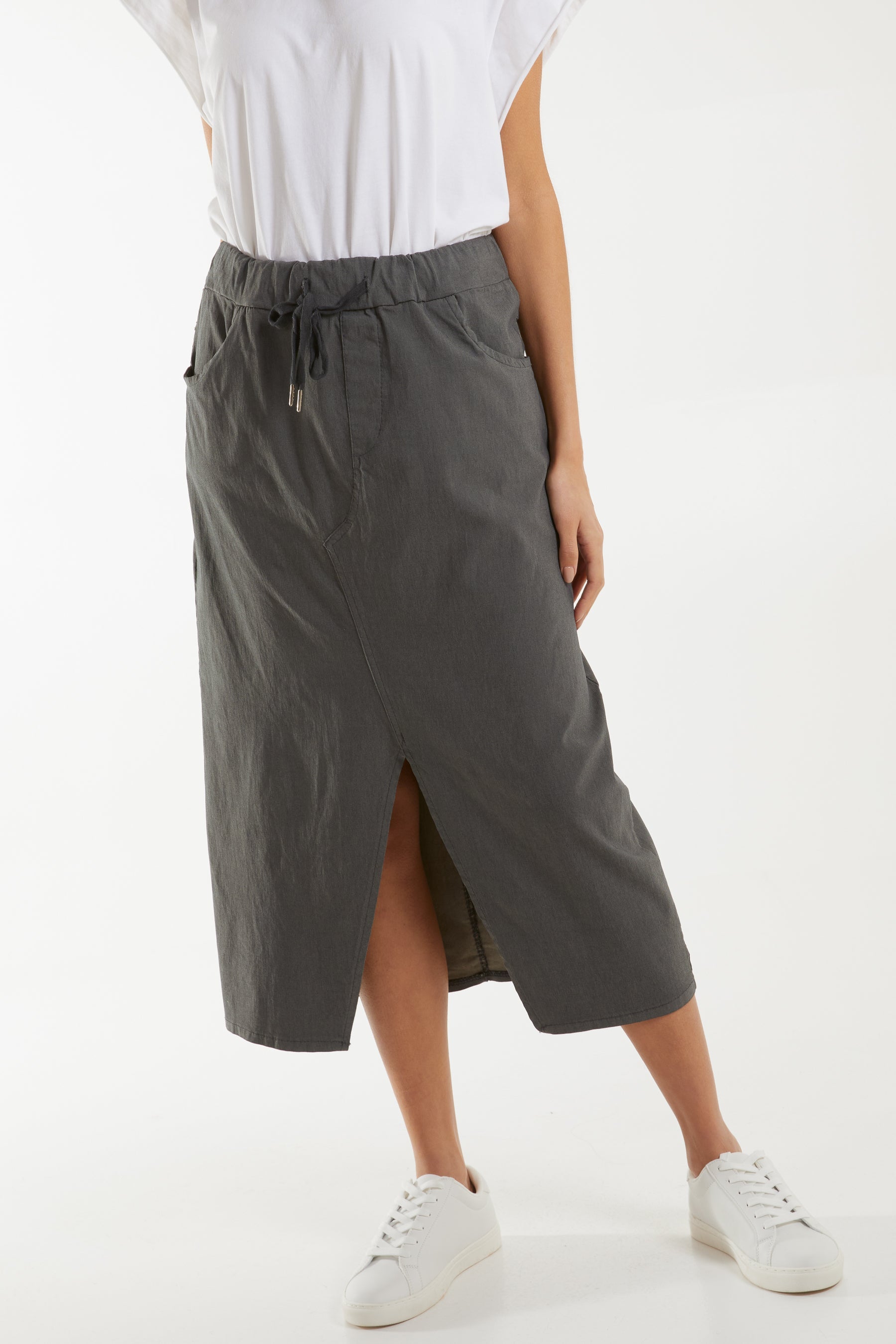 Magic String Front Split Pencil Skirt Skirts WearAll Slate One Size