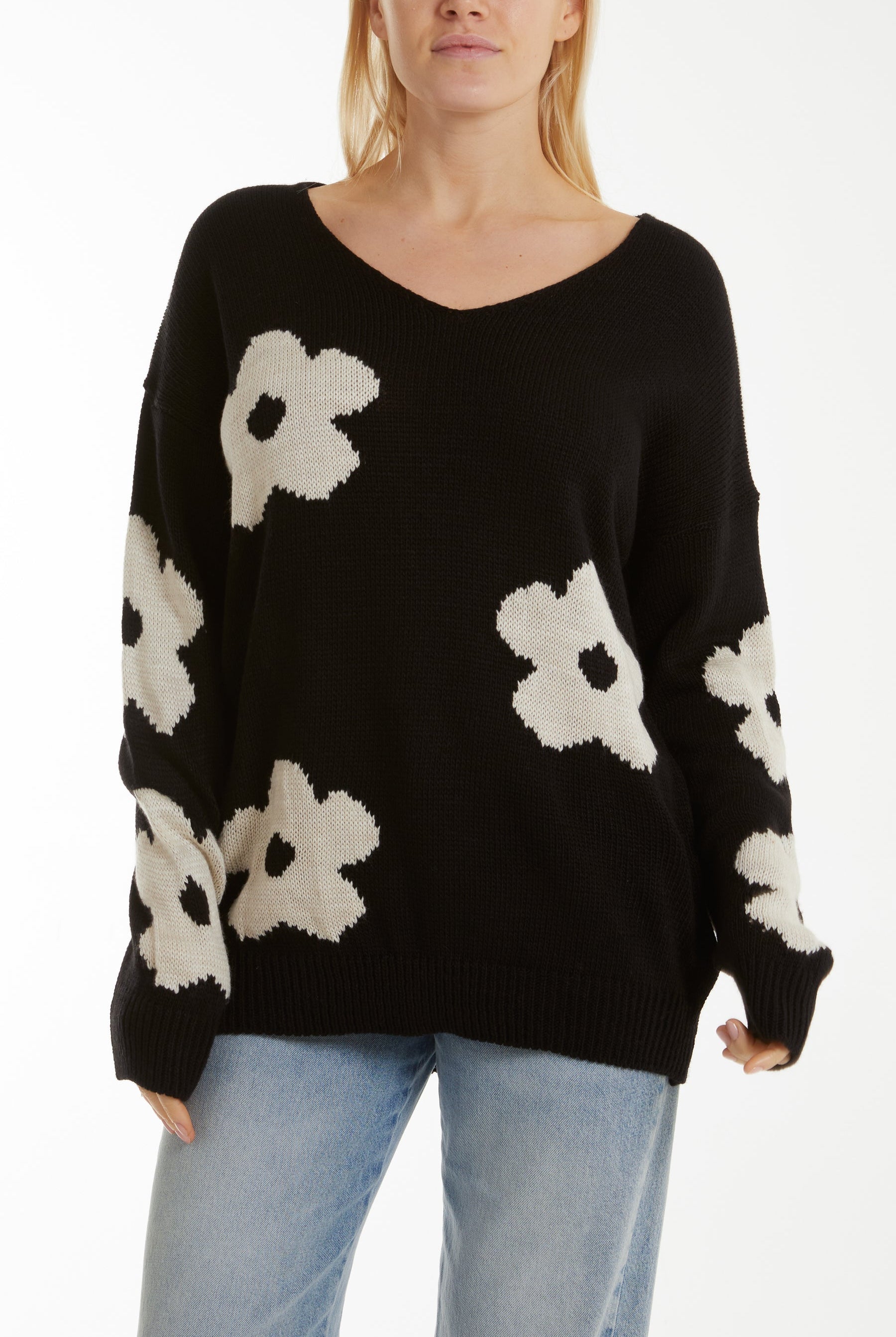 V-Neck Flower Jacquard Jumper Jumpers WearAll Stone One Size