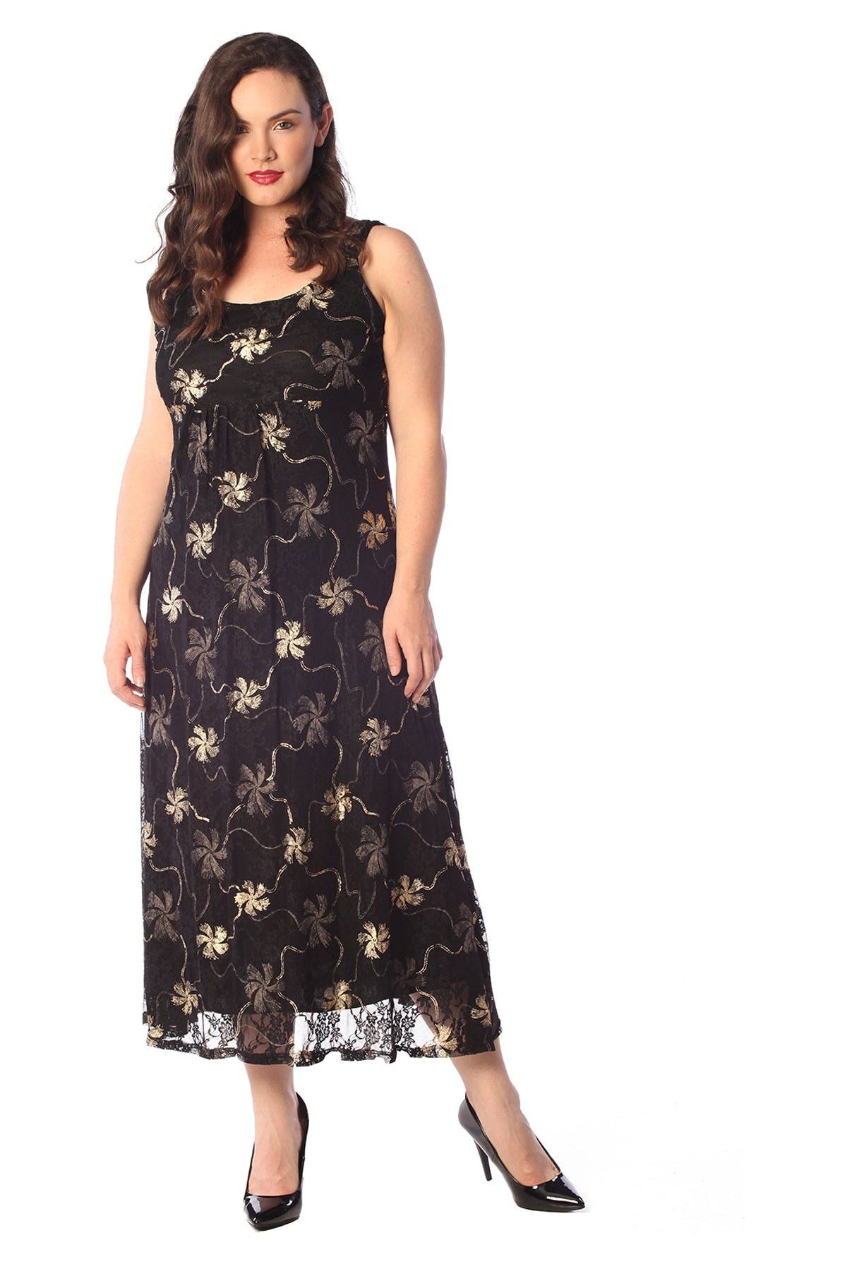 Plus Size Floral Lace Flared Sleeveless Belted Lined Dress - Gold Dress WearAll