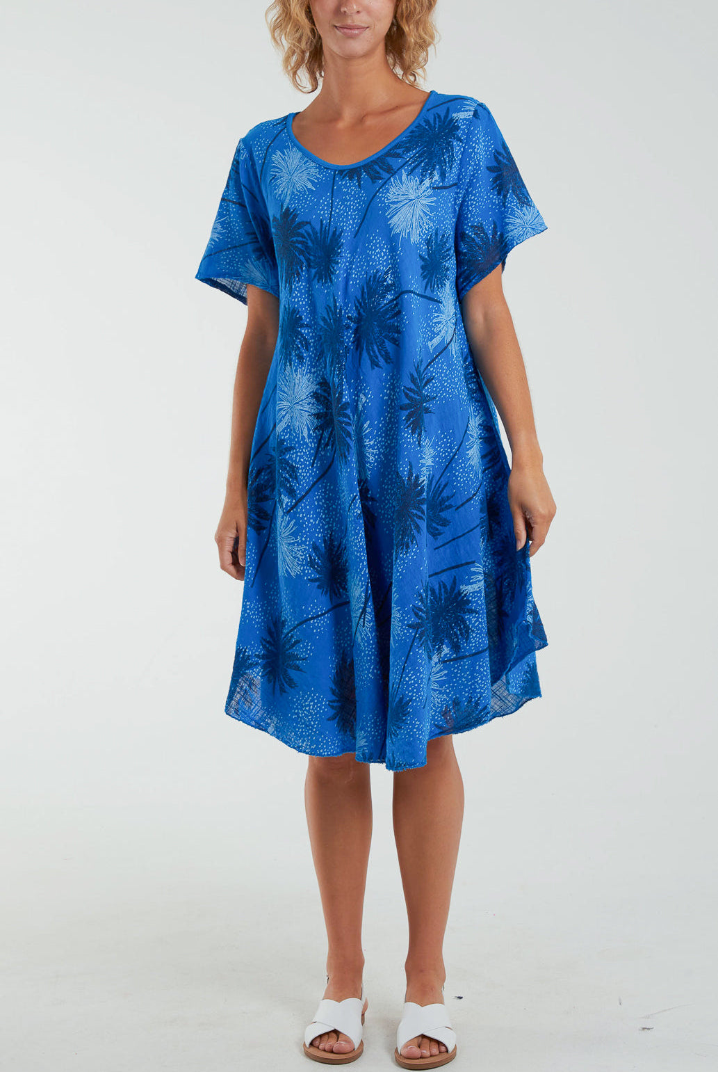 Palm Tree Short Sleeve Midi Dress Dresses WearAll Royal Blue One Size