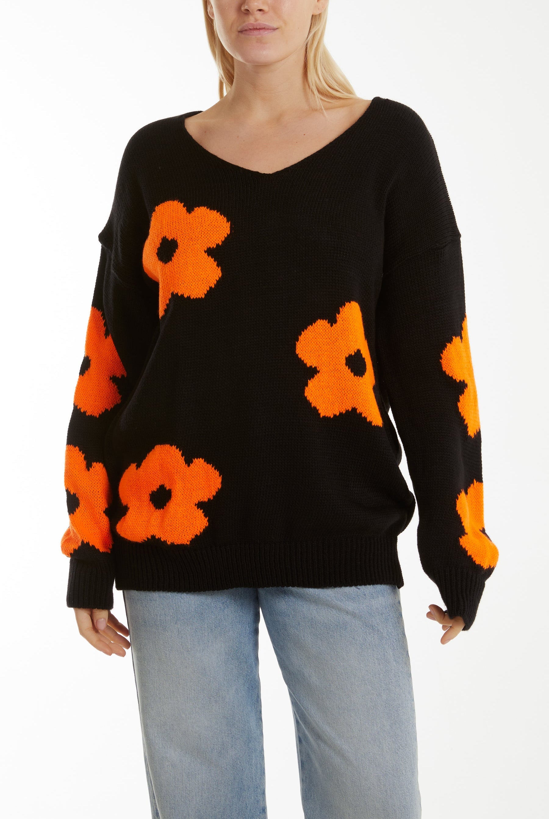 V-Neck Flower Jacquard Jumper Jumpers WearAll Orange One Size