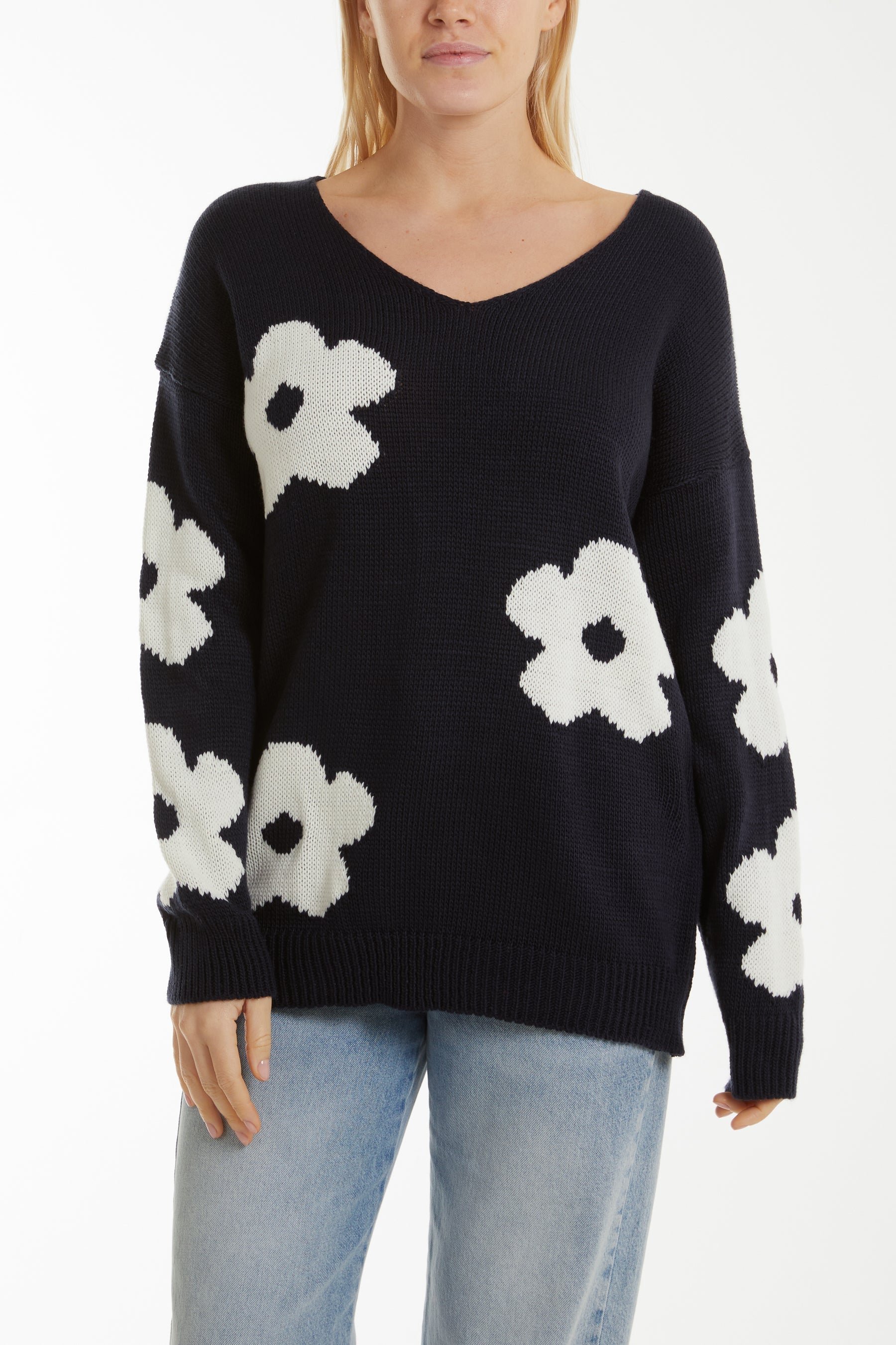 V-Neck Flower Jacquard Jumper Jumpers WearAll Navy One Size