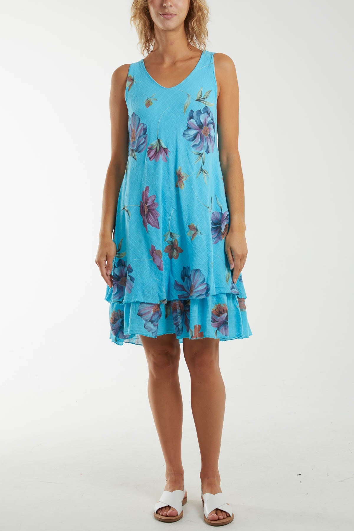 Floral Double Layer Sleeveless Dress Dresses WearAll Turquoise One Size