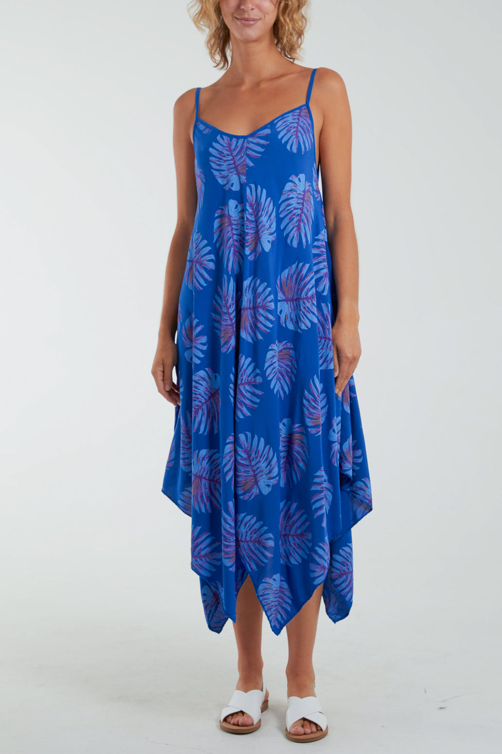 Palm Leaves Hanky Hem Cami Dress Dresses WearAll Royal Blue One Size