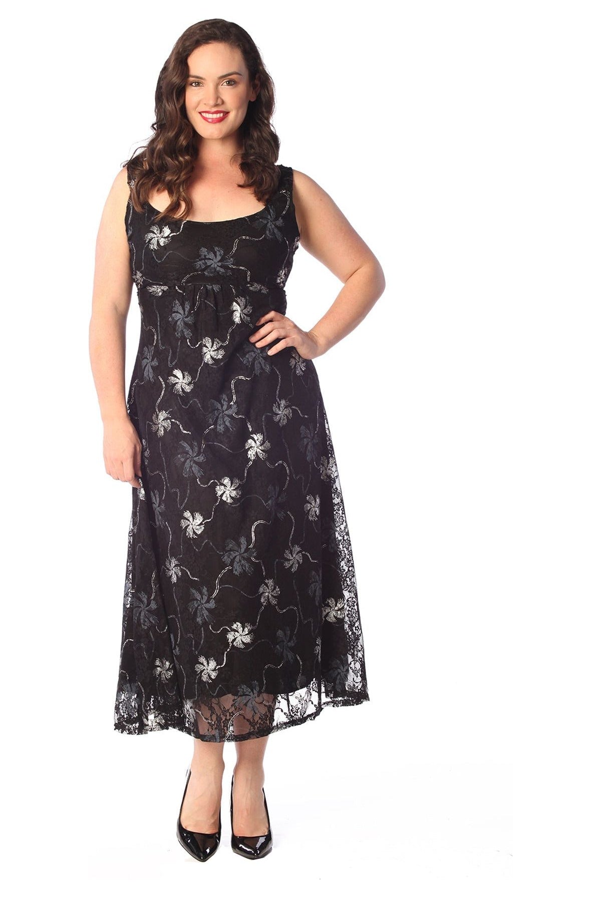 Plus Size Floral Lace Flared Sleeveless Belted Lined Dress - Silver Dress WearAll