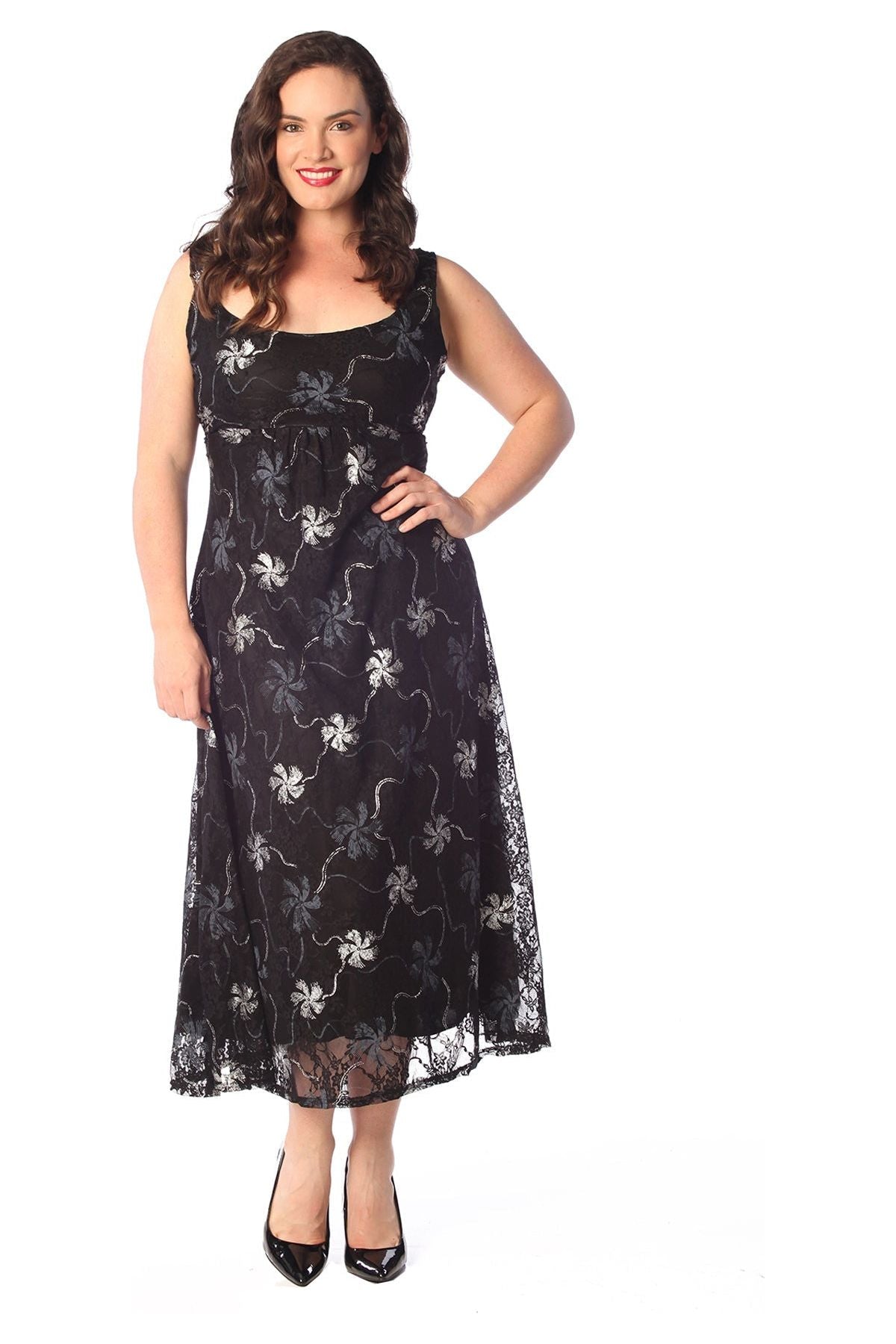 Plus Size Floral Lace Flared Sleeveless Belted Lined Dress - Silver Dress WearAll