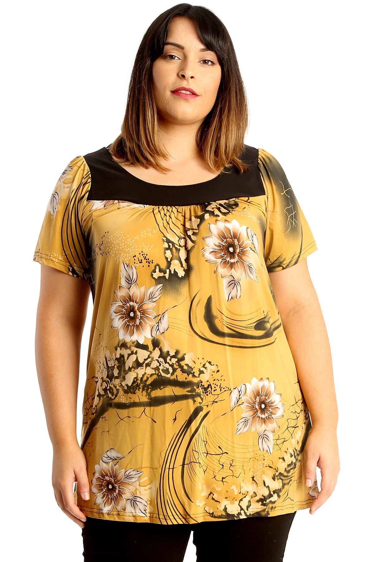 Floral Print Smock Tunic T-Shirt Top Tops WearAll Camel Floral 14