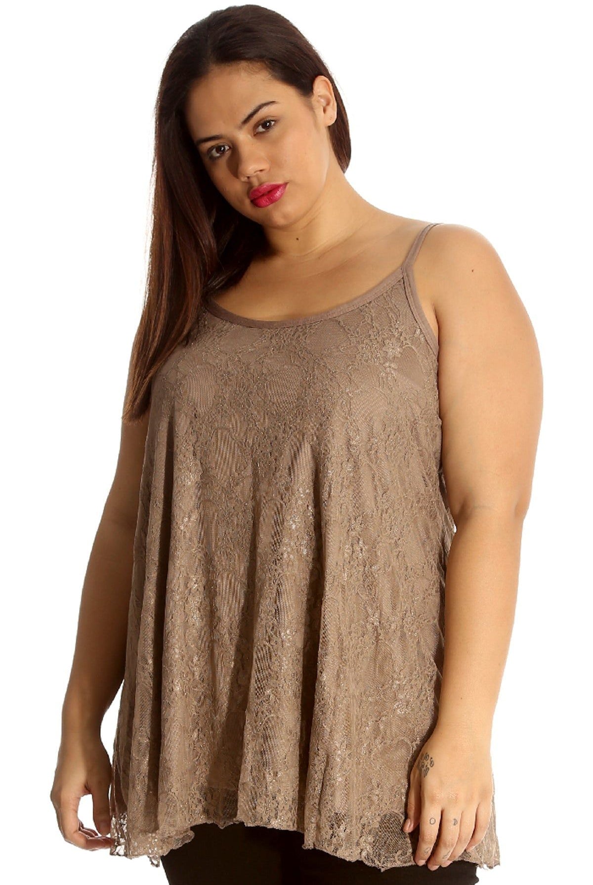 Plus Size Lace Chiffon Sheer Swing Vest Top WearAll Mocha 16-18