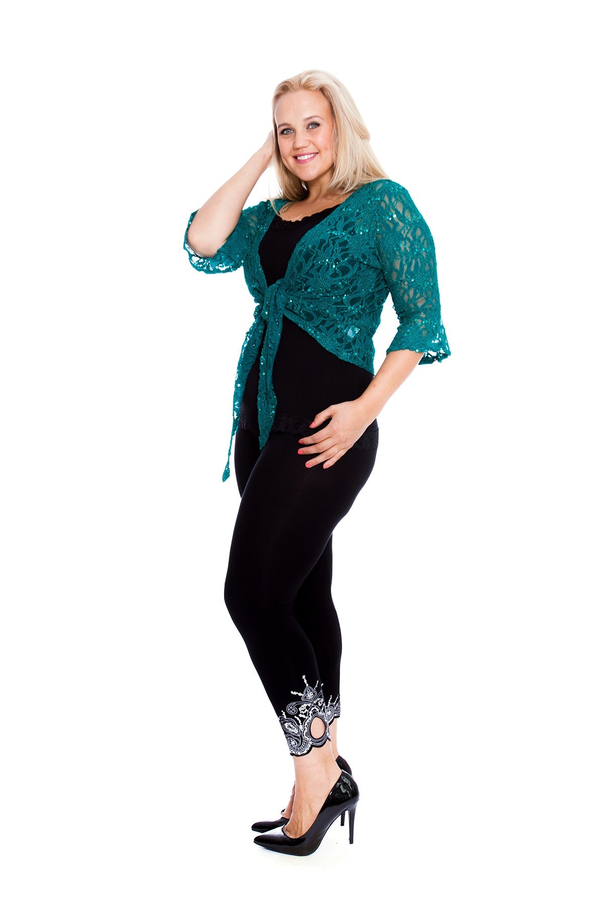 Sequin Lace Tie Up 3/4 Bell Sleeve Crochet Top Tops WearAll