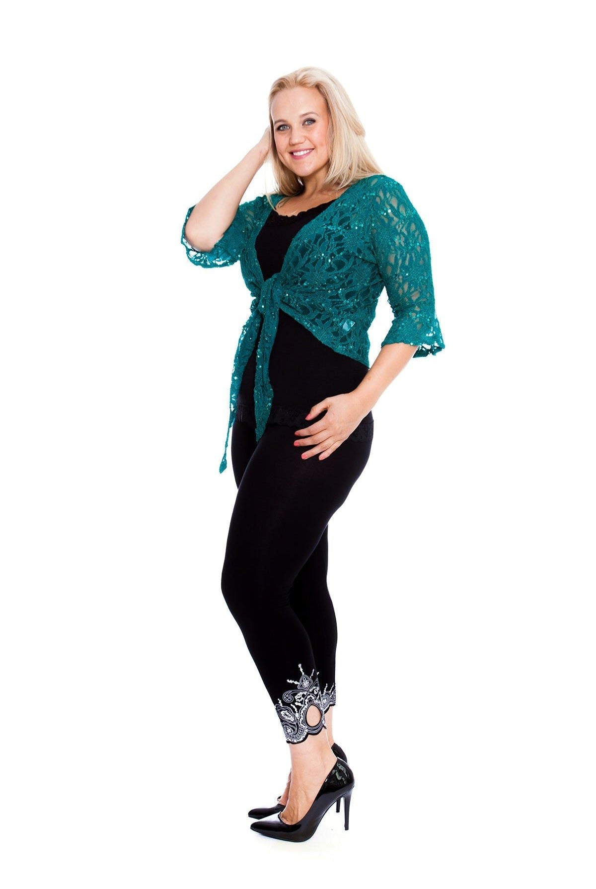 Plus SIze Sequin Lace Tie Up 3/4 Bell Crochet Top Tops WearAll