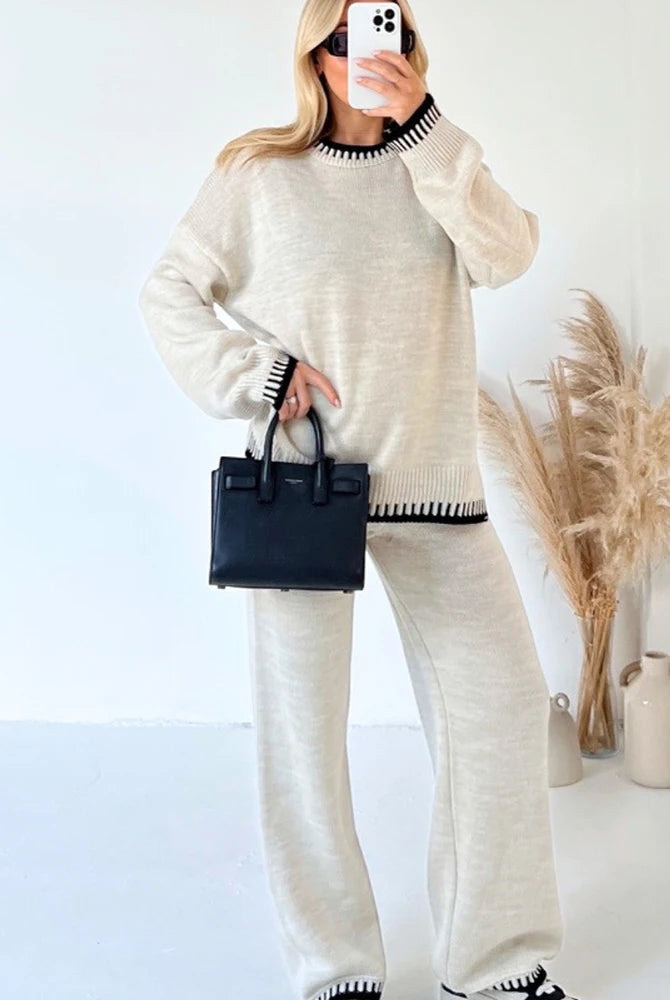 Loungewear Wavy Edge Round Neck Pullover & Wide Leg Pants Co-ord Loungewear WearAll Cream S