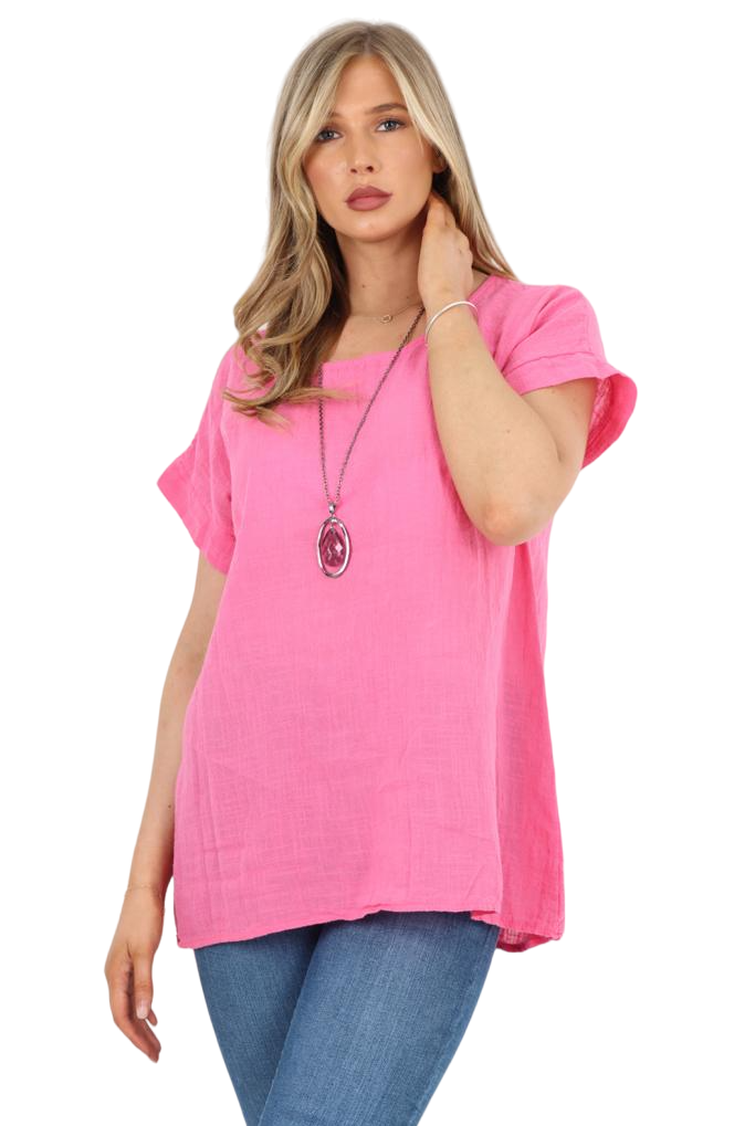 Italian Short Sleeve Necklace Top Tops WearAll Cerise 8-10
