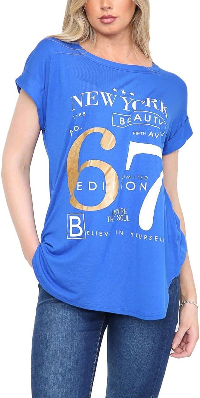 New York Slogan Print Short SleeveT-Shirt Top Tops WearAll Royal Blue 14