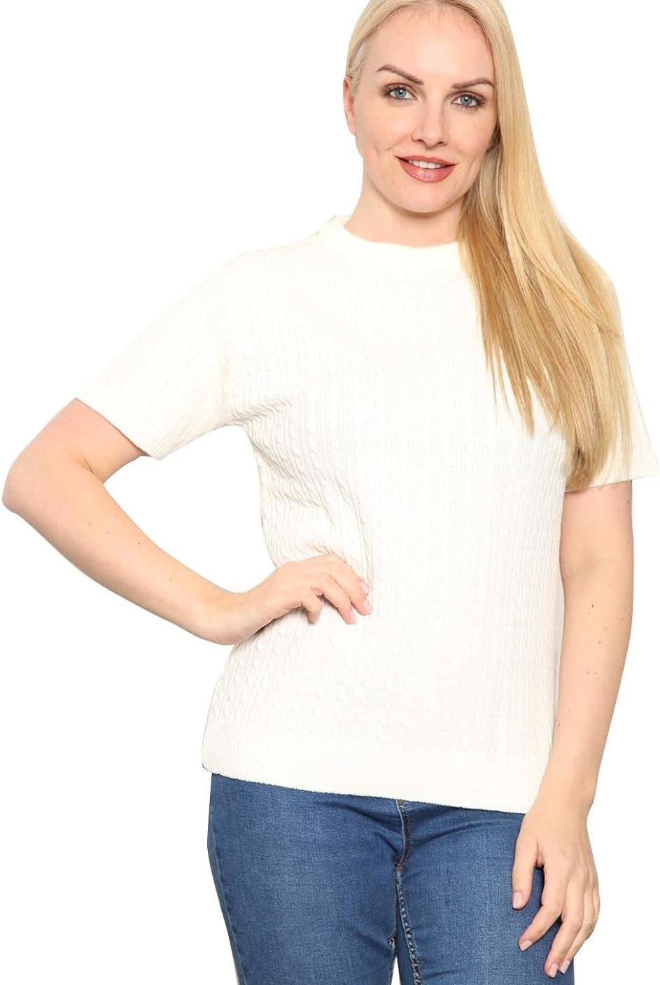 Short Sleeve Knitted Cable Jumper Jumper WearAll Cream 8-10