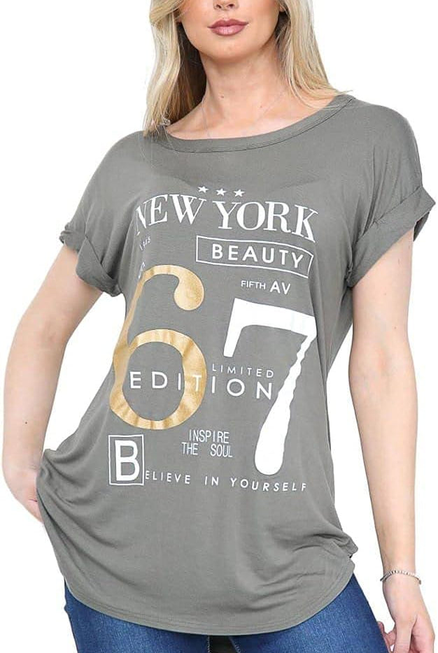 New York Slogan Print Short SleeveT-Shirt Top Tops WearAll