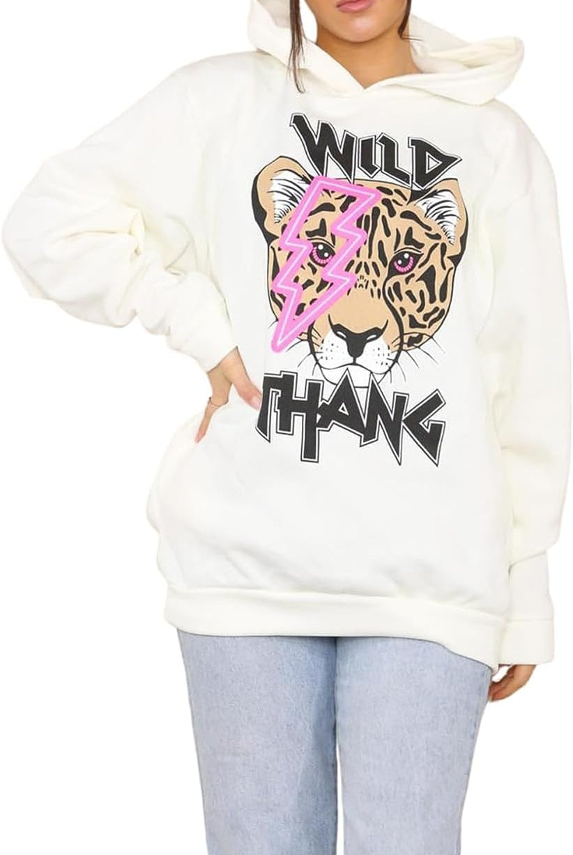 Wild Thang Tiger Print Hooded Sweatshirt Jumper Hoodies & Pullover WearAll Cream 8-10