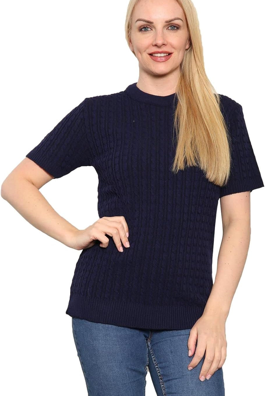 Short Sleeve Knitted Cable Jumper Jumper WearAll Navy 8-10
