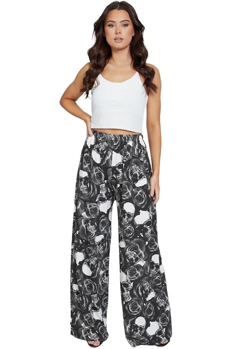 Skull Roses Print Palazzo Trouser Palazzo WearAll Skull Roses 8-10