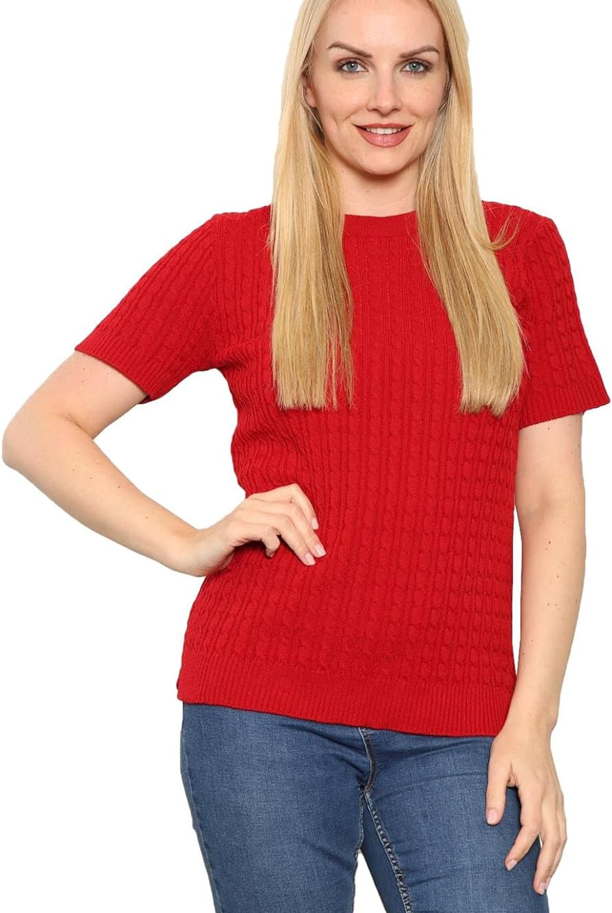 Short Sleeve Knitted Cable Jumper Jumper WearAll Red 8-10