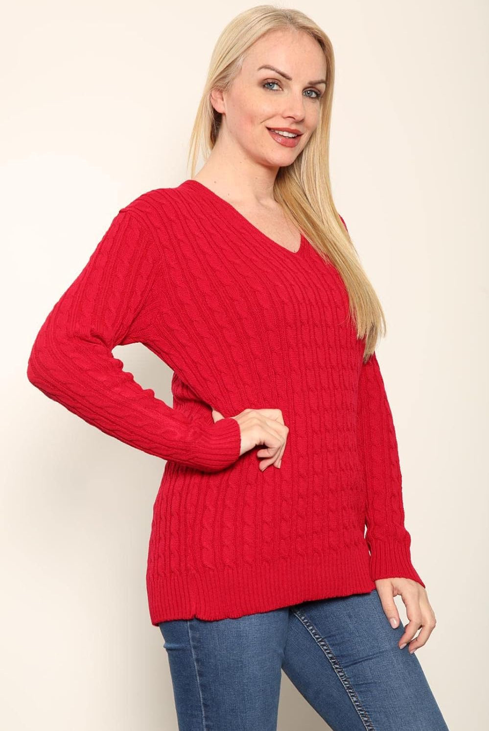 Plus Size Cable Knitted Sweater Top Tops WearAll Red 16-18