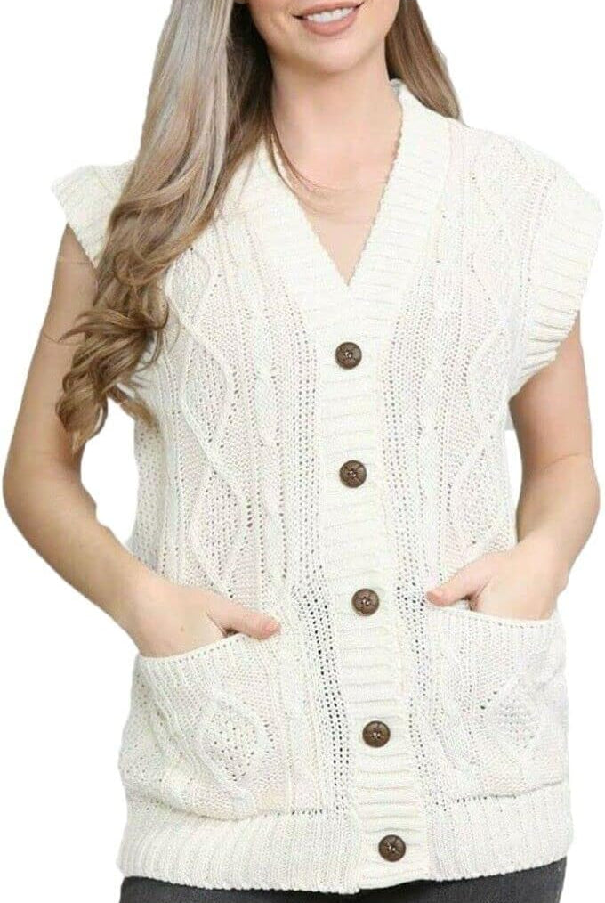 Plus Size Sleeveless Button Cardigan cardigan WearAll Cream 8-10