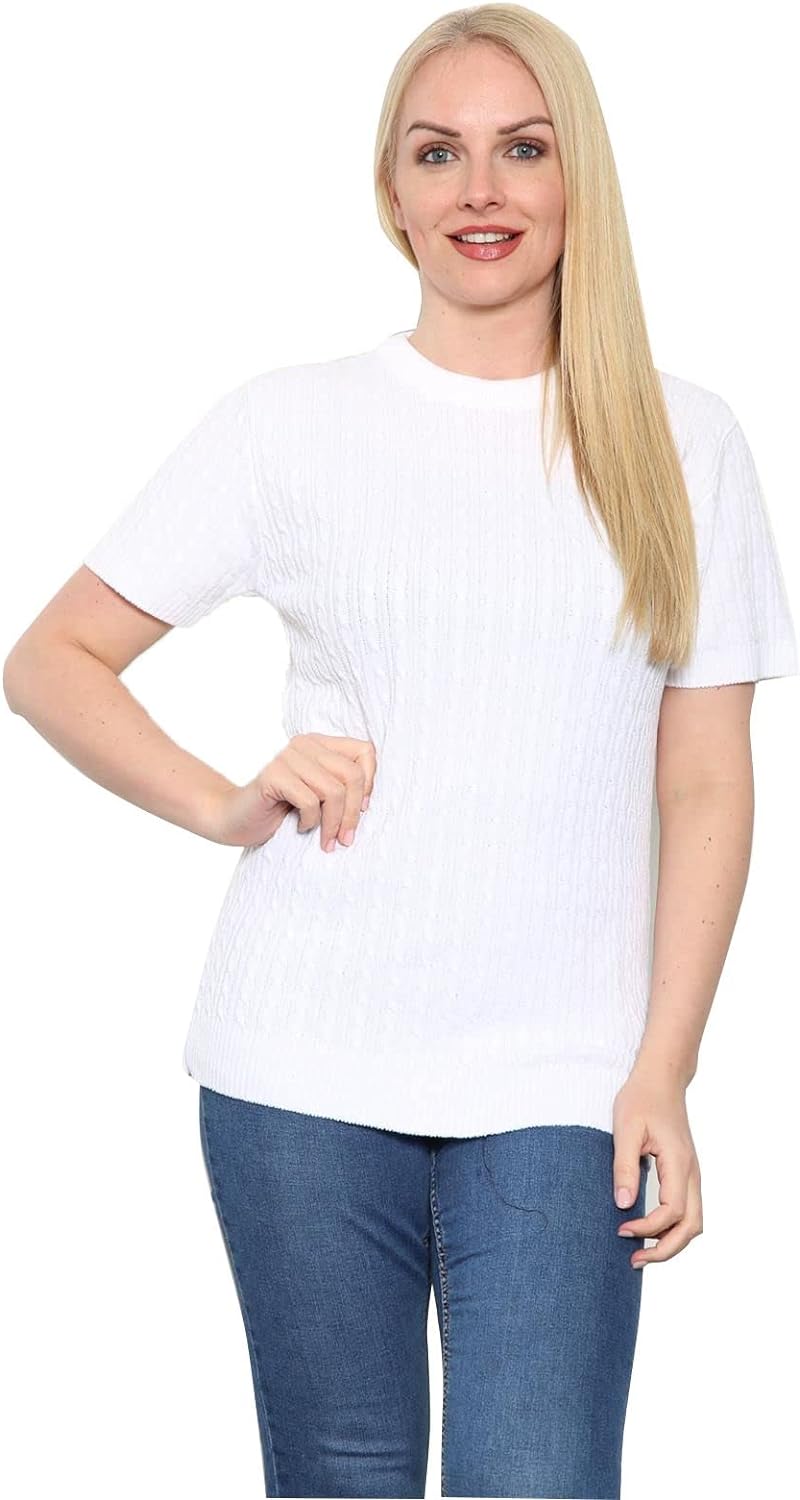 Short Sleeve Knitted Cable Jumper Jumper WearAll White 8-10