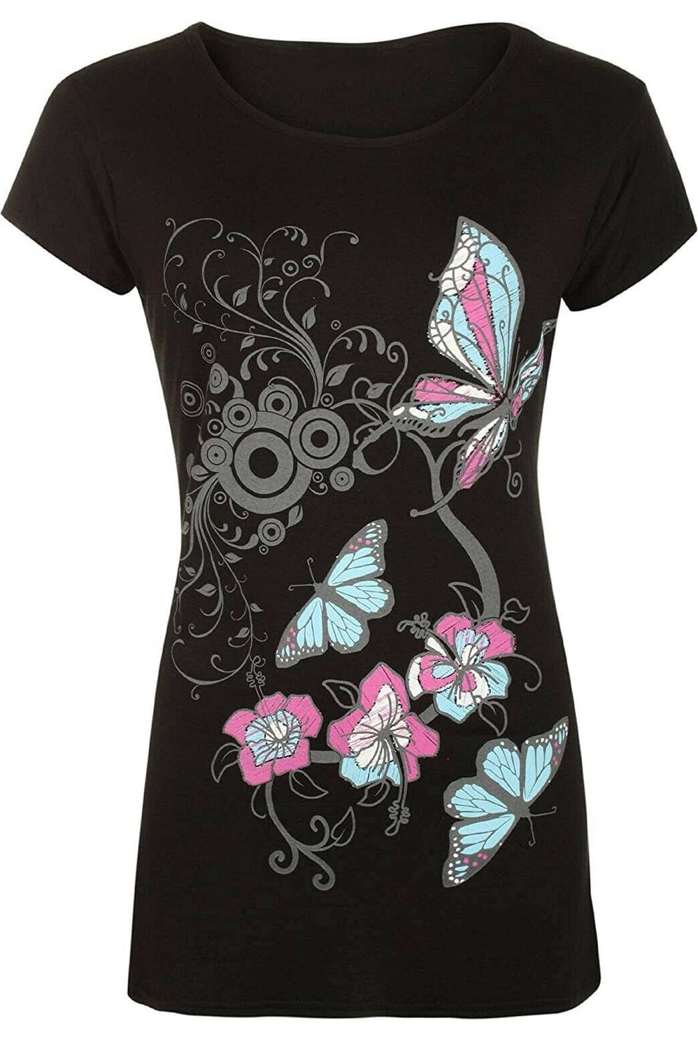 Plus Size Butterfly Print T-Shirt Top Tops WearAll Black 16-18
