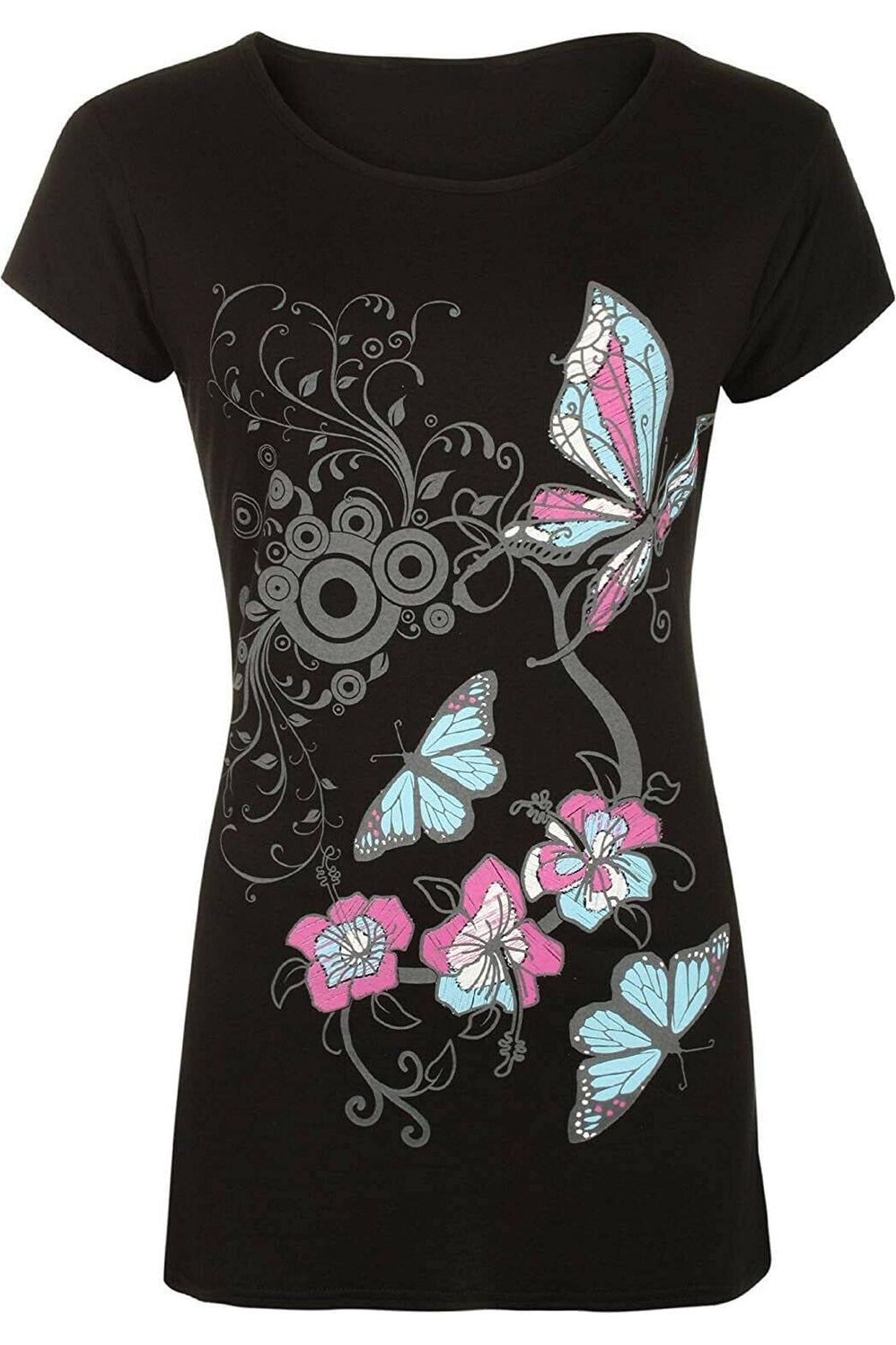 Plus Size Butterfly Print T-Shirt Top Tops WearAll Black 16-18
