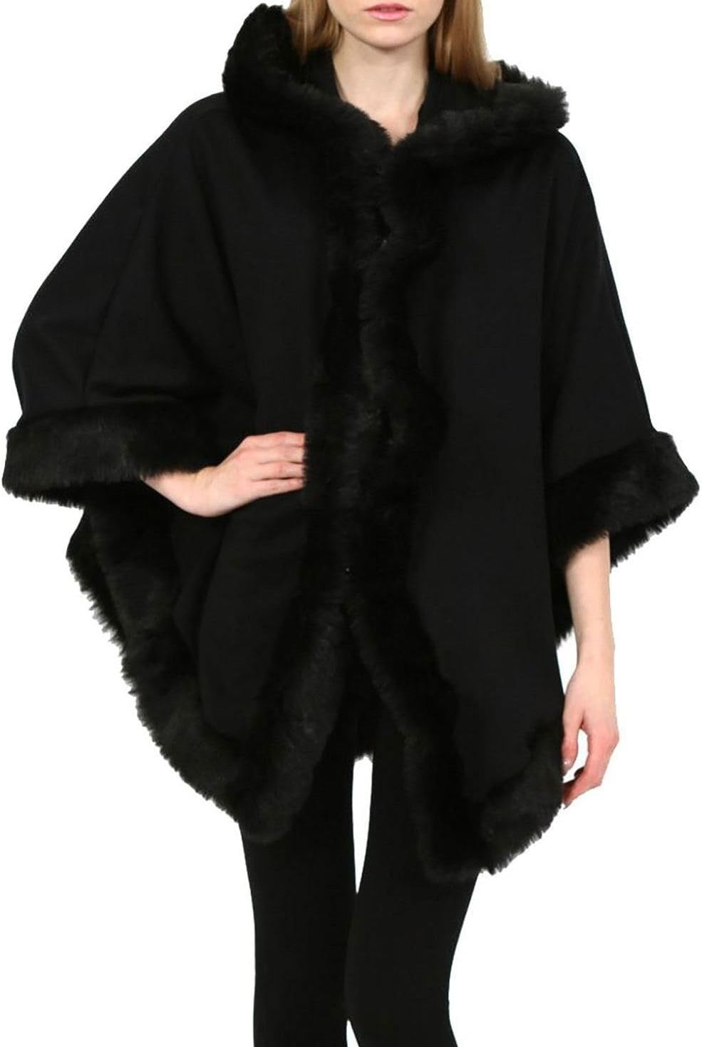 Faux Fur Trim Hood Cape Tops WearAll Black One Size