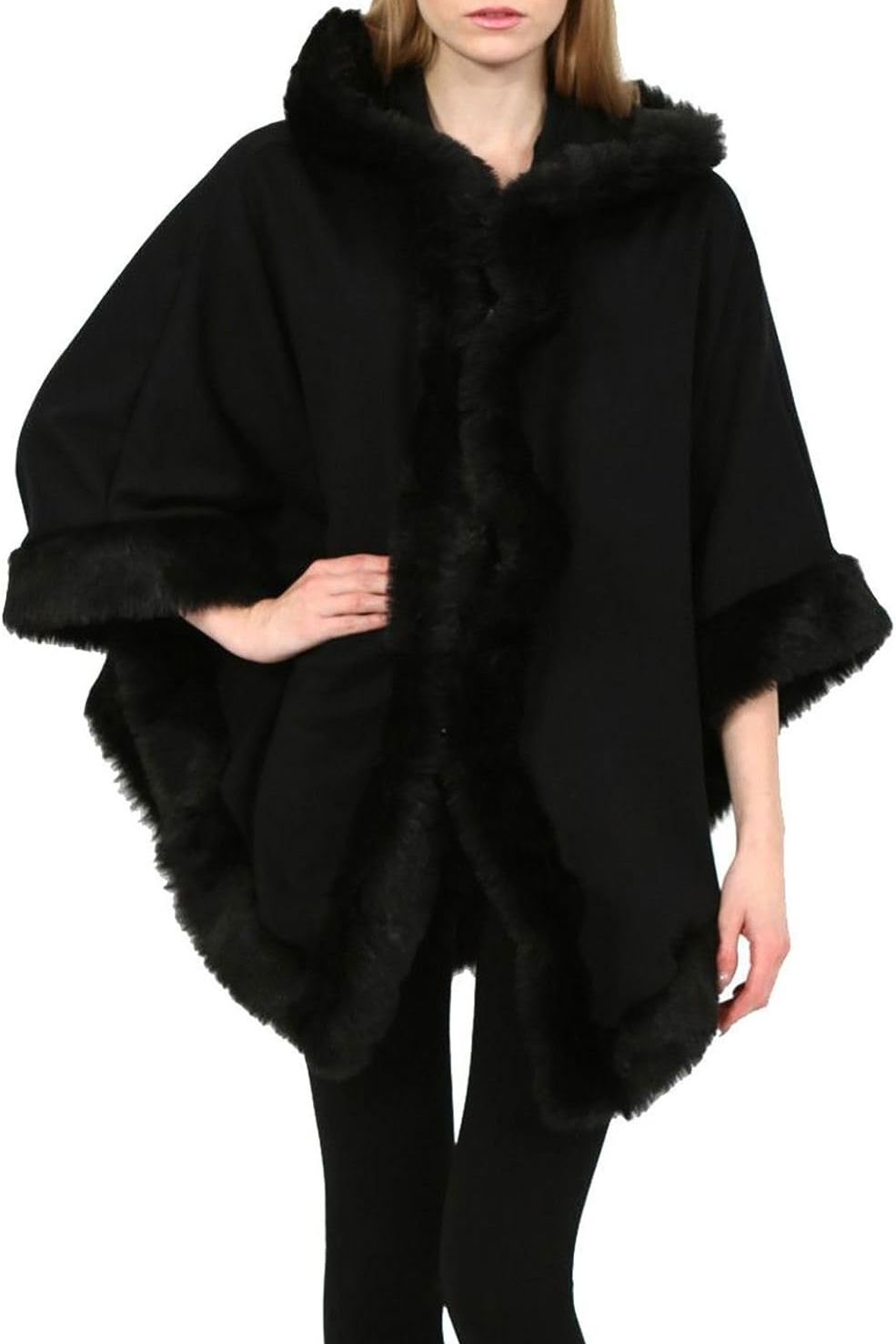 Faux Fur Trim Hood Cape Tops WearAll Black One Size