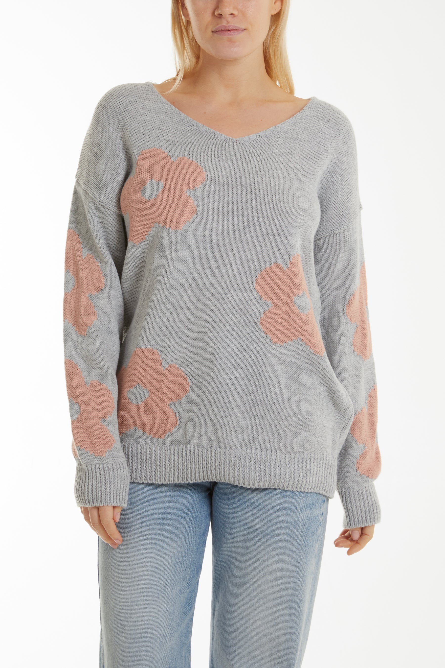 V-Neck Flower Jacquard Jumper Jumpers WearAll Blush One Size