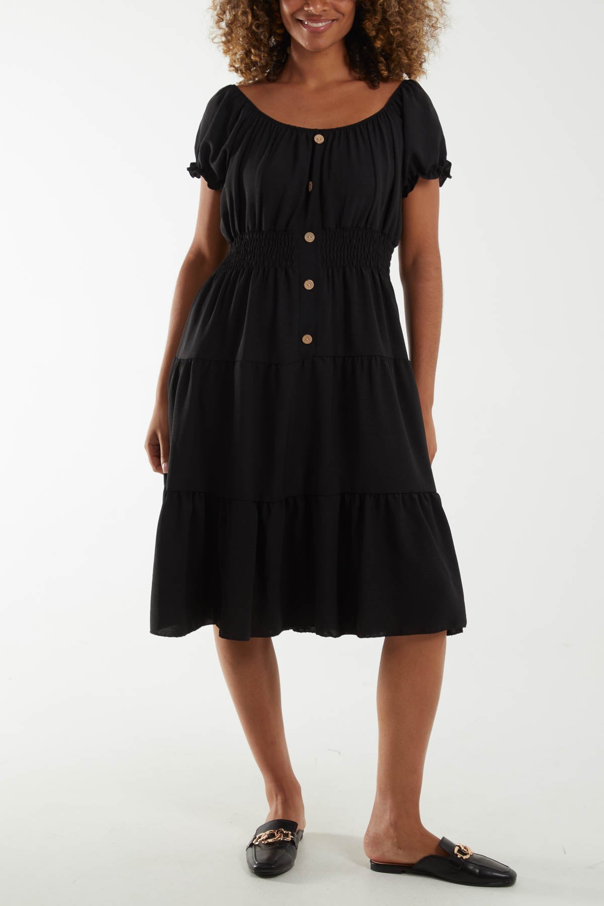 Bardot Shirred Bodice Tiered Dress Dresses WearAll Black One Size