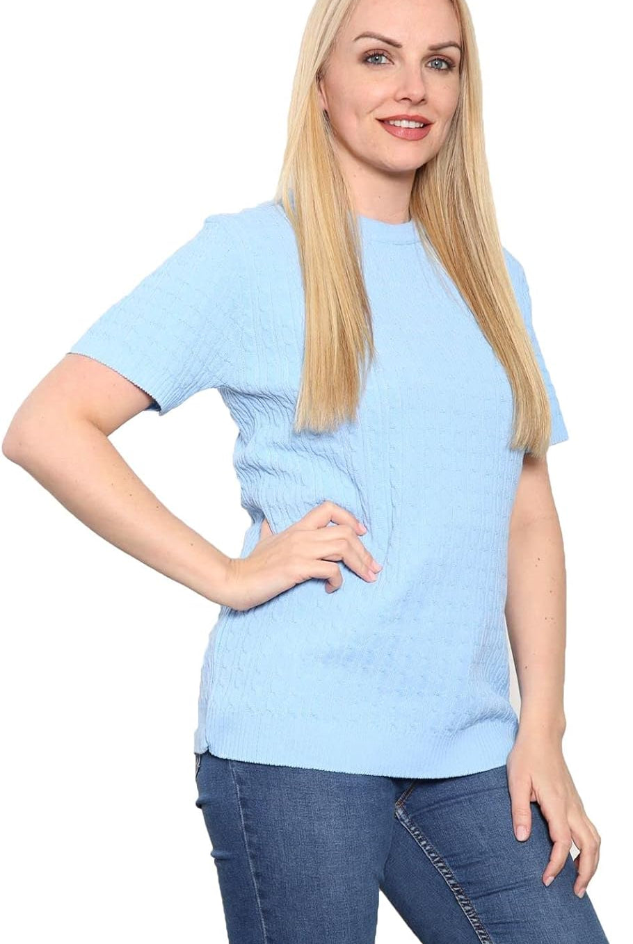 Short Sleeve Knitted Cable Jumper Jumper WearAll Sky Blue 8-10