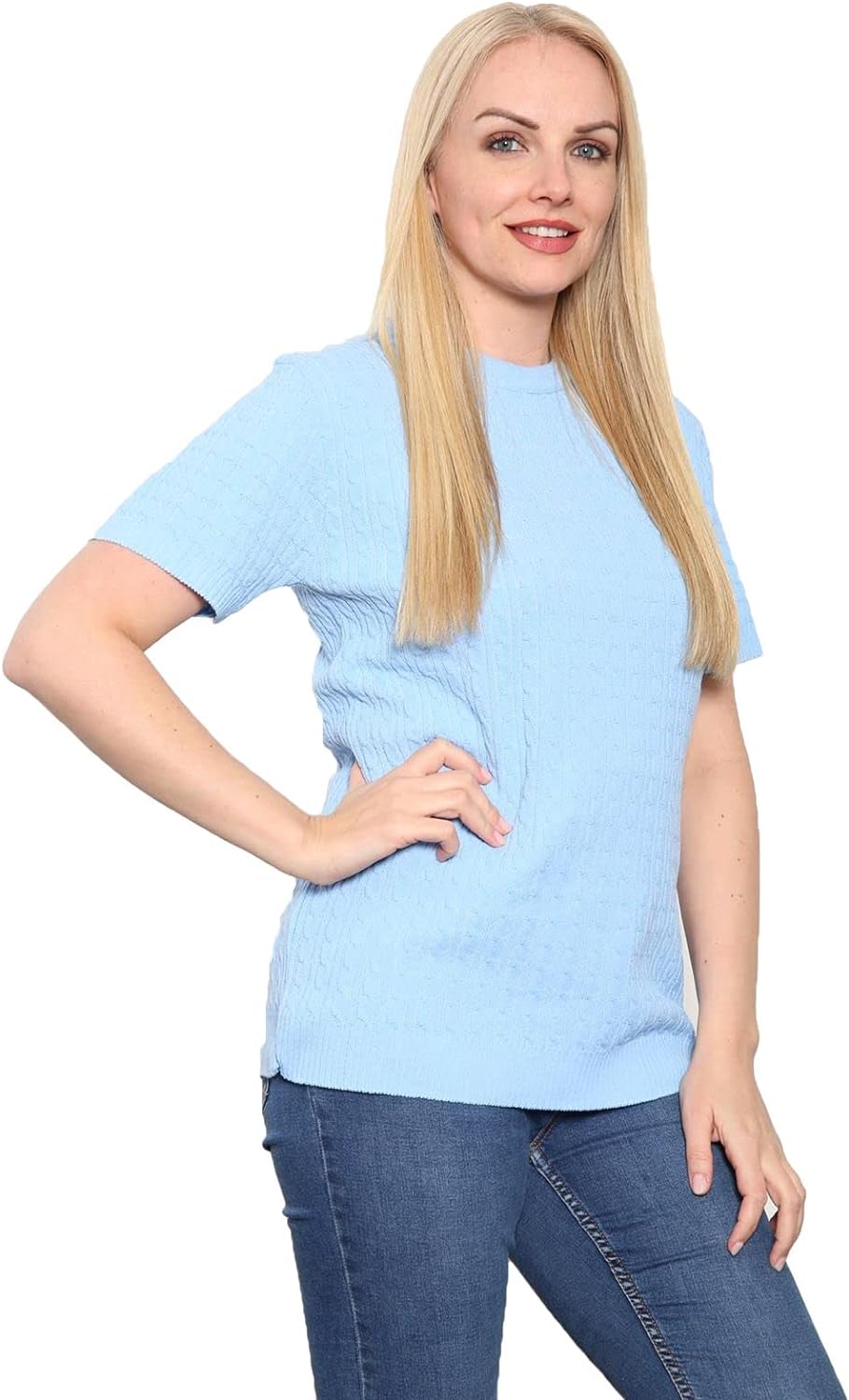 Short Sleeve Knitted Cable Jumper Jumper WearAll Sky Blue 8-10