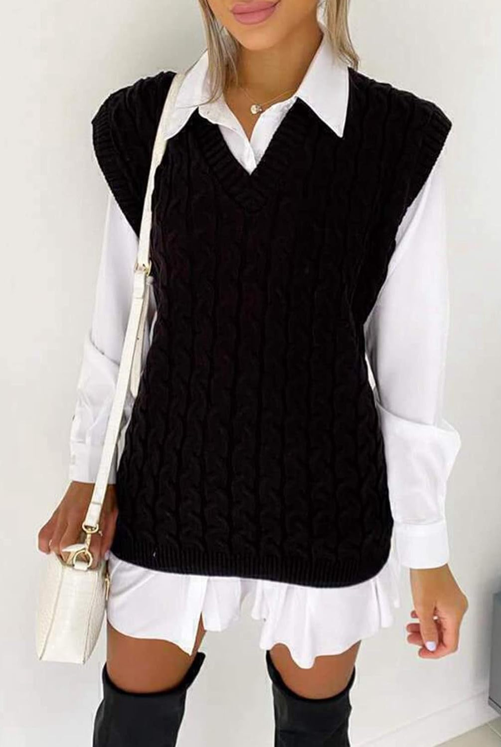 Plus Size Cable Knit Tank Top Jumper WearAll Black 20-22