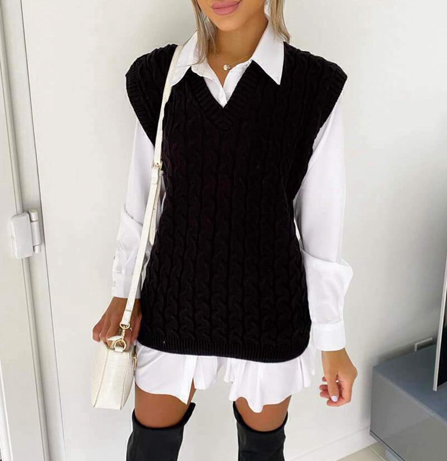 Plus Size Cable Knit Tank Top Jumper WearAll Black 20-22