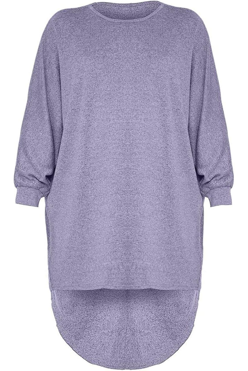 Plain Oversized Batwing Dip Hem Baggy Top Tops WearAll Lilac 8-10