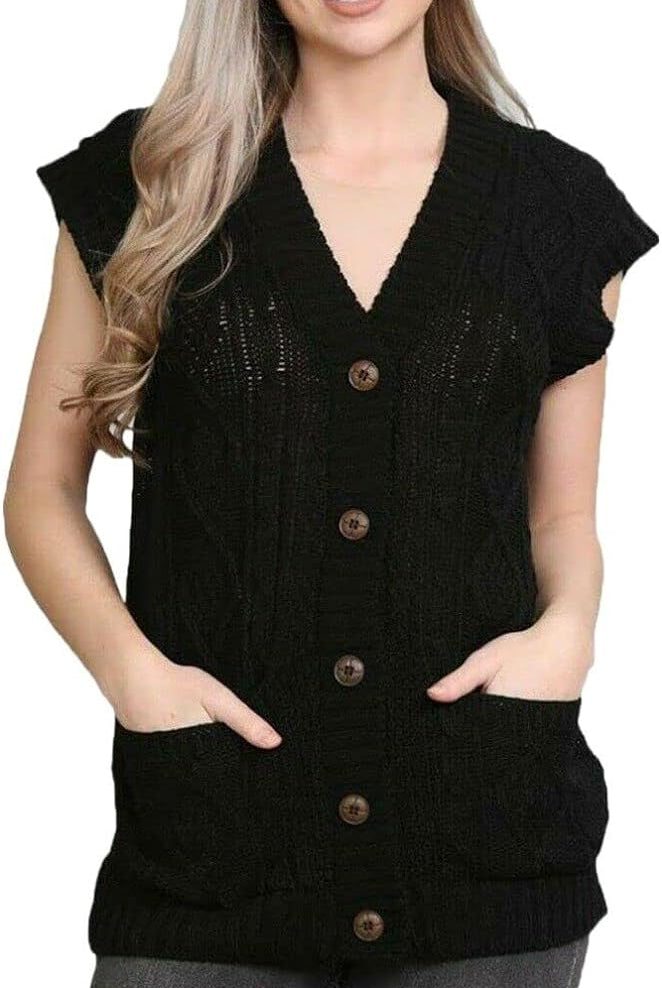 Plus Size Sleeveless Button Cardigan cardigan WearAll Black 8-10