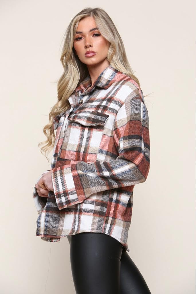Checked Shirt Boyfriend Shacket Casual Jacket Jacket WearAll Rust 8