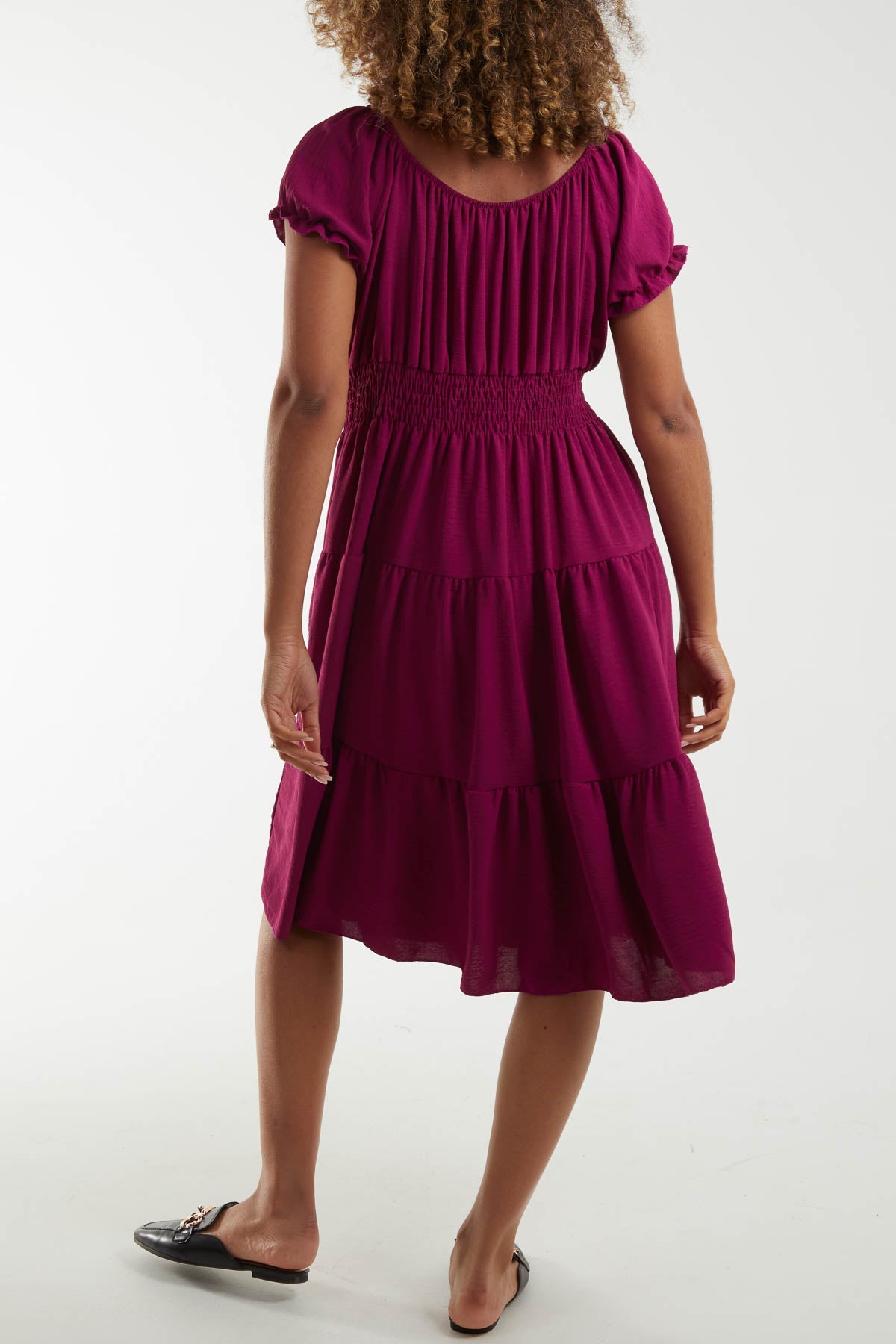 Bardot Shirred Bodice Tiered Dress Dresses WearAll