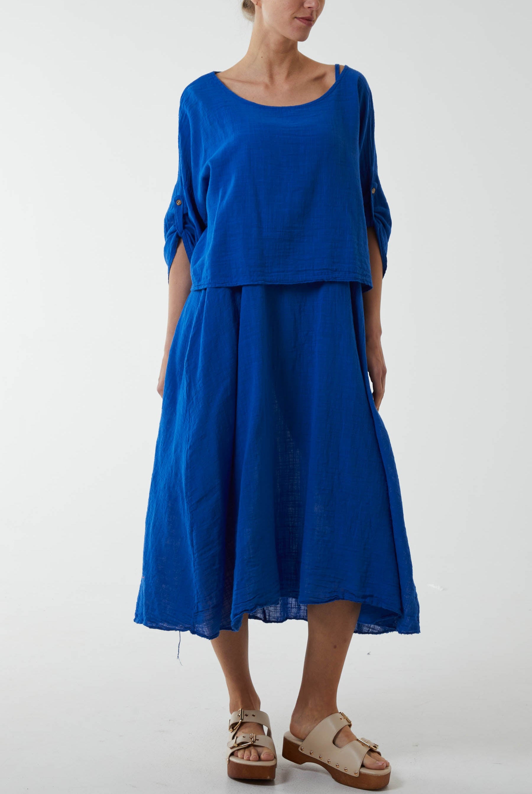Cami Dress with Crop T Shirt Overlay Co-Ords WearAll Royal Blue One Size