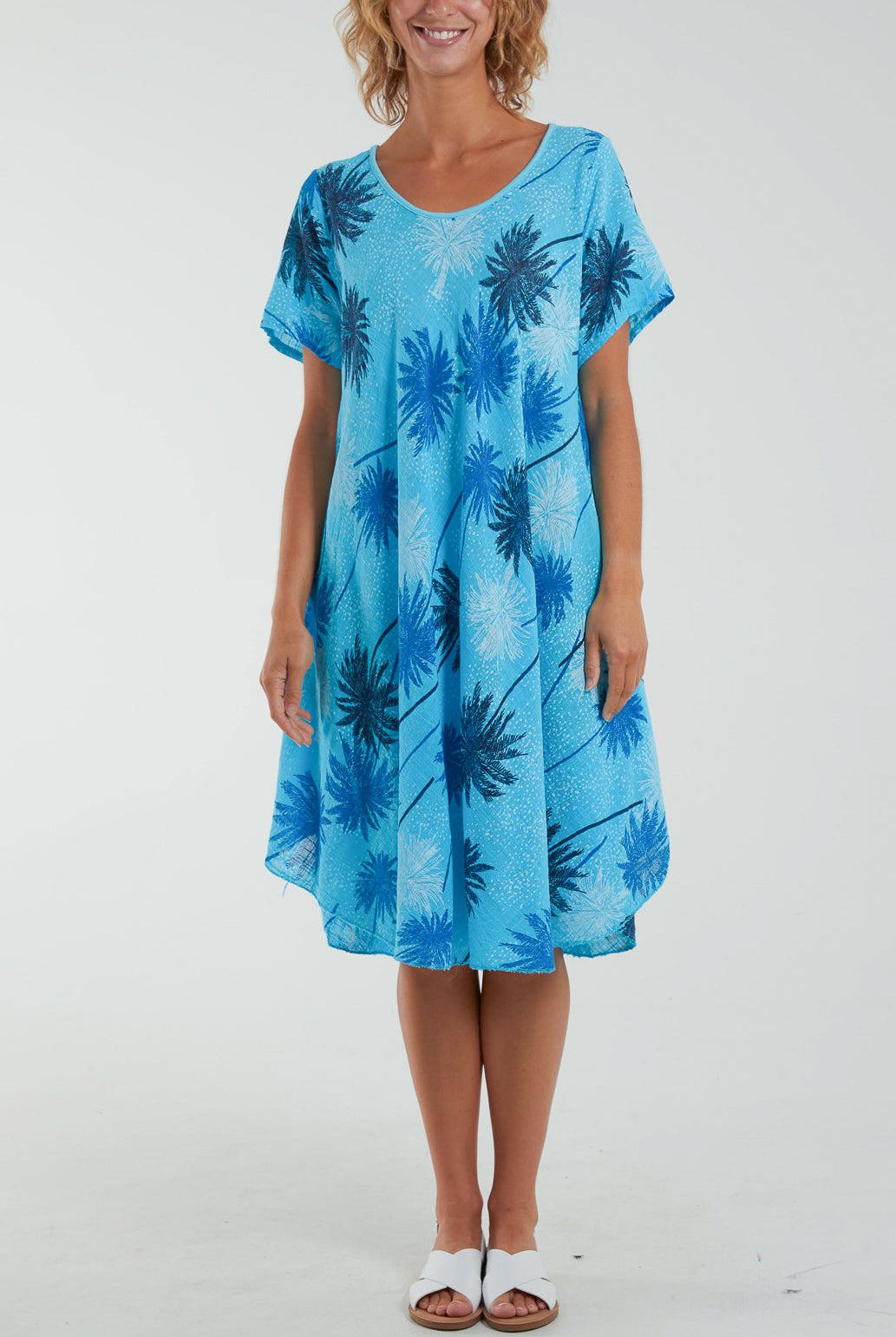 Palm Tree Short Sleeve Midi Dress Dresses WearAll Turquoise One Size
