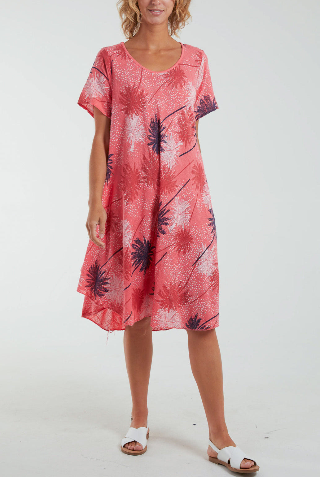 Palm Tree Short Sleeve Midi Dress Dresses WearAll Coral One Size