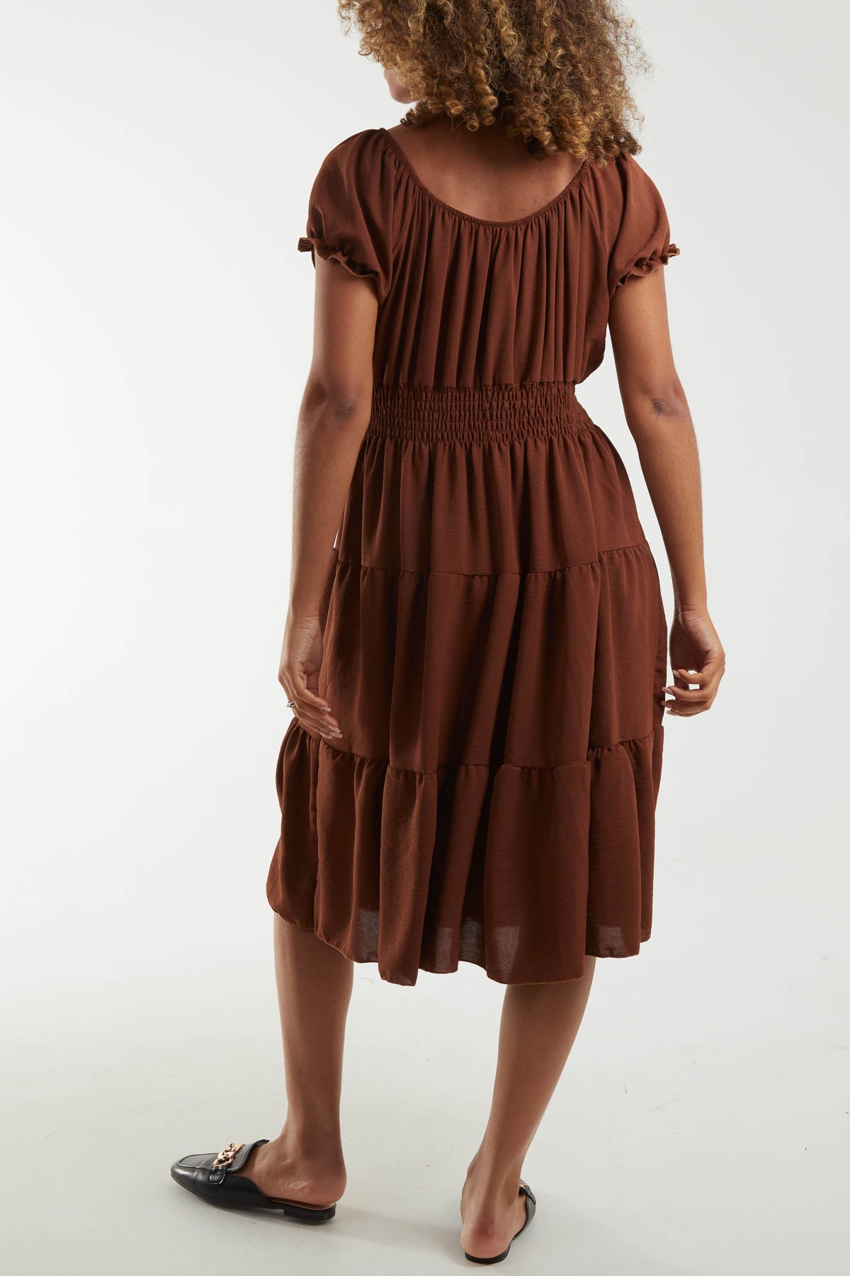 Bardot Shirred Bodice Tiered Dress Dresses WearAll