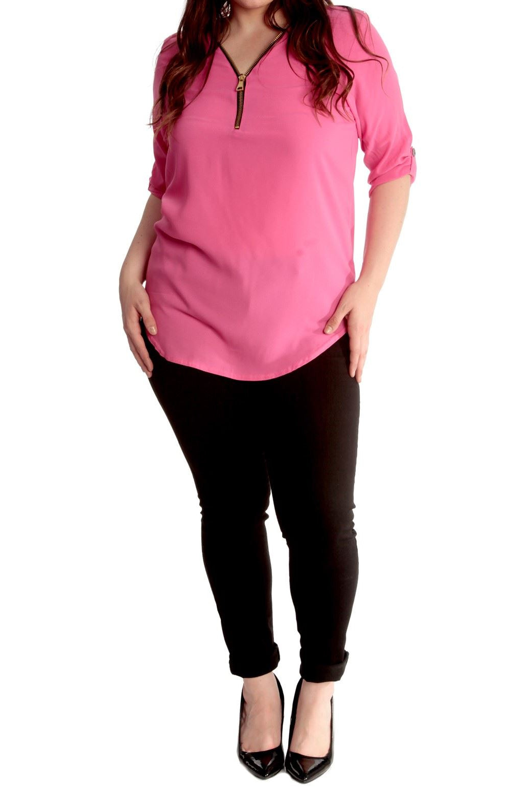 Curved Hem Crepe Top 3/4 Sleeve Plain Tops WearAll